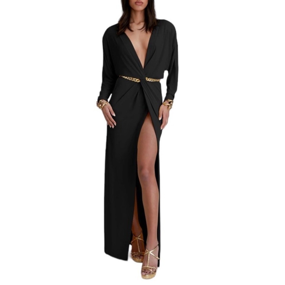 Dundas Garbo Chain Embellished Gown Black Jersey Size 38 Plunging‎ Neckline